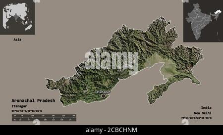 Forme de l'Arunachal Pradesh, état de l'Inde, et sa capitale. Echelle de distance, aperçus et étiquettes. Imagerie satellite. Rendu 3D Banque D'Images