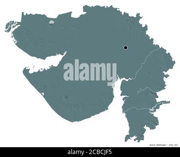 Forme du Gujarat, état de l'Inde, avec sa capitale isolée sur fond blanc. Carte d'altitude en couleur. Rendu 3D Banque D'Images