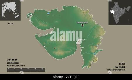 Forme du Gujarat, état de l'Inde, et sa capitale. Echelle de distance, aperçus et étiquettes. Carte topographique de relief. Rendu 3D Banque D'Images