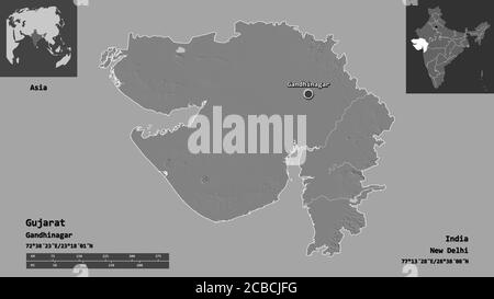 Forme du Gujarat, état de l'Inde, et sa capitale. Echelle de distance, aperçus et étiquettes. Carte d'élévation à deux niveaux. Rendu 3D Banque D'Images