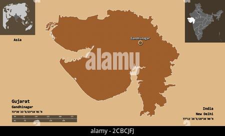 Forme du Gujarat, état de l'Inde, et sa capitale. Echelle de distance, aperçus et étiquettes. Composition des textures répétées. Rendu 3D Banque D'Images