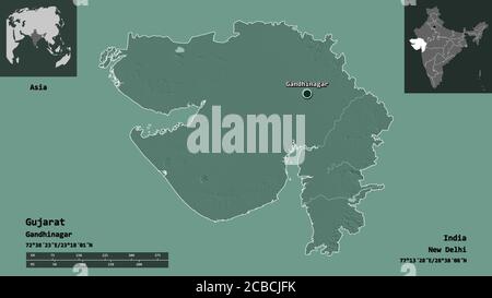 Forme du Gujarat, état de l'Inde, et sa capitale. Echelle de distance, aperçus et étiquettes. Carte d'altitude en couleur. Rendu 3D Banque D'Images