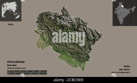 Forme d'Uttarakhand, État de l'Inde, et sa capitale. Echelle de distance, aperçus et étiquettes. Imagerie satellite. Rendu 3D Banque D'Images