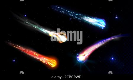 Comètes en chute, astéroïdes ou météores avec sentier de flamme isolé sur fond transparent. Ensemble vectoriel réaliste de météorites lumineuses volantes de l'espace, boules de feu brûlant dans l'atmosphère de la Terre Illustration de Vecteur