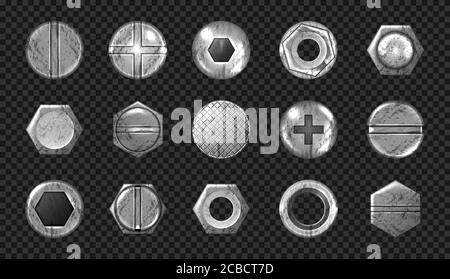 Ancien jeu de têtes de vis et de clous, boulons métalliques en acier, rivets rouillés, quincaillerie, capuchons gris avec rainures et trous, vue de dessus isolée sur fond transparent. Illustration vectorielle 3d réaliste, icônes Illustration de Vecteur