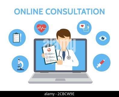 Consultation et assistance médicale en ligne. Médecin en ligne. Concept de service de santé Internet. Bannière avec le médecin et les tests médicaux. Diagnostic en ligne du médecin Illustration de Vecteur