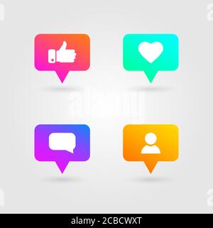 Icônes d'amour et de pouce. Éléments de médias sociaux. Collection de dégradés lumineux. Icônes de réseau social. Symbole de notification du compteur. Emoji réagit Illustration de Vecteur