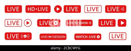 Les autocollants en direct sont placés sur un fond blanc. Modèle de médias sociaux. Flux en direct, vidéo, symbole d'actualités. Diffusion, logo de flux en ligne. Bouton de lecture. Social n Illustration de Vecteur