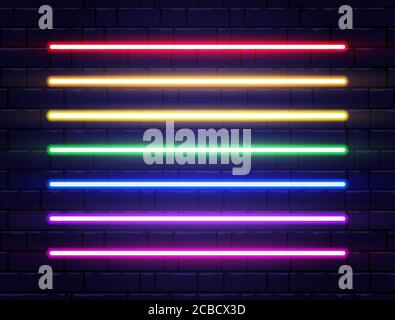 Collection de lignes de néon sur un mur de briques. Jeu de tubes au néon à LED réalistes. Frontières arc-en-ciel. Des éléments de design lumineux pour la publicité, la soirée, le jeu, le Web. Shi Illustration de Vecteur