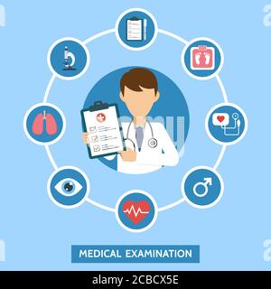 Concept des services de santé avec éléments infographiques. Examen médical. Bannière avec le médecin et les tests médicaux. Diagnostic en ligne du médecin. Hôpital Illustration de Vecteur