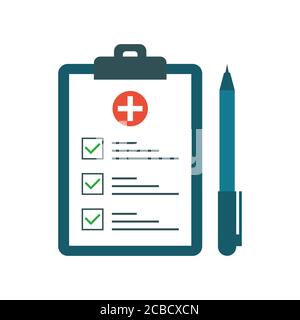 Test médical avec stylo plat. Questionnaire sur un presse-papiers. Liste de formulaires médicaux avec résultats de tests, concept d'assurance ou de service de médecine, p Illustration de Vecteur