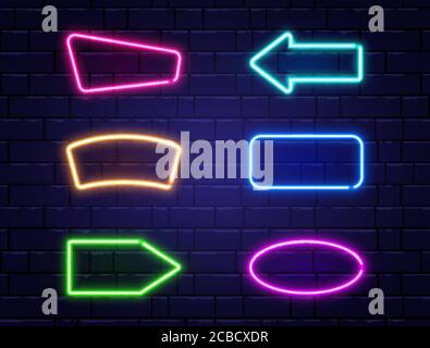 Ensemble de bannières néon. Cadres de couleur néon sur un mur de briques. Panneau de signalisation nocturne réaliste. Effet néon brillant. Publicité de nuit lumineuse. Vecteur Illustration de Vecteur