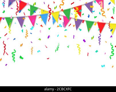 Bannière de fête avec drapeaux et confettis colorés. Illustration vectorielle. Illustration de Vecteur