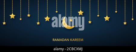Croissant doré et étoiles accrochées sur fond sombre. Bannière arabe de Ramadan Kareem. Éléments de design or de luxe pour carte de voeux, poster, invitation Illustration de Vecteur