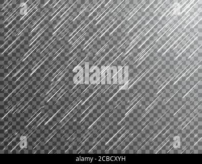 Pluie réaliste sur fond transparent. Chute d'eau. Texture de la pluie. Toile de fond pluvieuse et trouble. Tempête de pluie. Illustration vectorielle. Illustration de Vecteur
