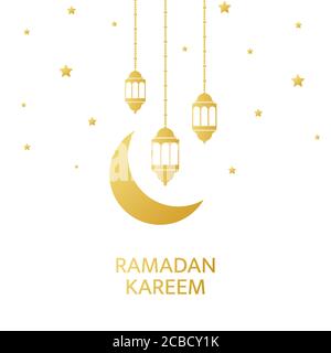 Carte de vœux de Ramadan Kareem. Lanternes dorées, croissant et étoiles sur fond blanc. Éléments de design or de luxe pour bannière, affiche Illustration de Vecteur