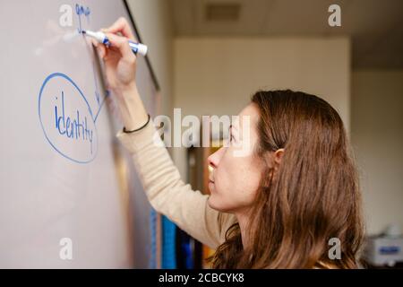 Gros plan d'une chercheuse représentant un graphique sur un tableau blanc de bureau Banque D'Images