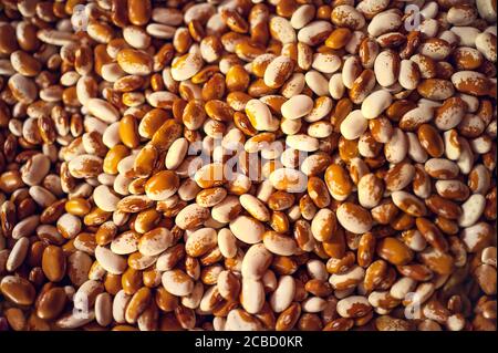 Haricots mexicains exotiques colorés sur panier en osier. Vue de dessus des légumineuses Banque D'Images