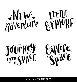 Espace de lettrage mignon dessiné à la main et citation galaxie avec des éléments en étoile. Espacer le texte par style de doodle. Texte pour illustration vectorielle pour affiche pour enfants, imprimé pour enfants. Illustration de Vecteur