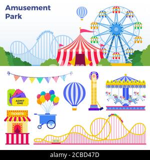 Attractions colorées dans le parc d'attractions illustration vectorielle à plat conception Illustration de Vecteur