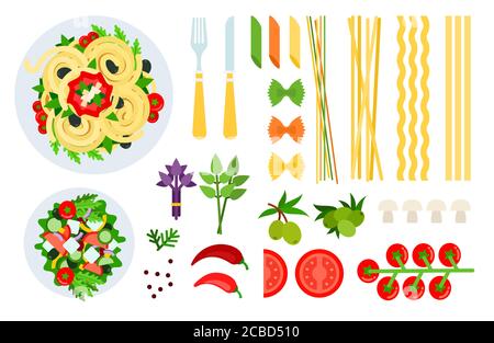 Illustrations vectorielles de spaghetti, salades et ingrédients italiens dans un motif plat. Illustration de Vecteur