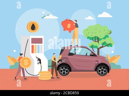 Station de remplissage, voiture de ravitaillement de petits caractères, illustration vectorielle plate Illustration de Vecteur