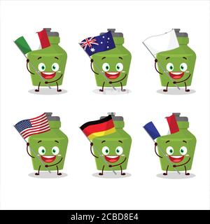 Le personnage de dessin animé de bouteille de boisson verte apporte les drapeaux de divers pays Illustration de Vecteur