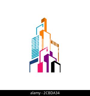 Design moderne et coloré du logo du bâtiment Realty Skyline style graphique. Conception de paysage urbain gratte-ciel corporation de bâtiments logotype pour l'immobilier compa Illustration de Vecteur