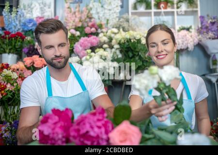 Mâle barbu et femelle à poil brun en tabliers arrangeant des fleurs Banque D'Images