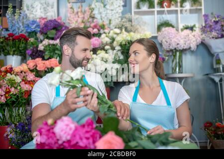 Fleuristes hommes et femmes en tabliers organisant des fleurs, regardant les uns les autres, souriant Banque D'Images