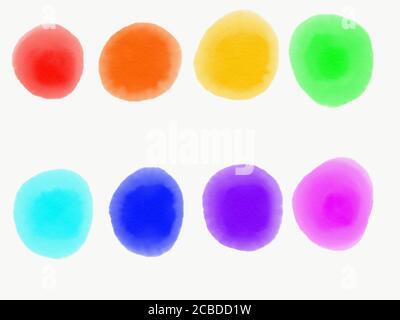 Taches d'aquarelle de couleur arc-en-ciel, rouge bleu vert jaune violet rose orange. Élément de conception de contours de peinture aquarelle sur fond blanc. Toutes les couleurs de Banque D'Images