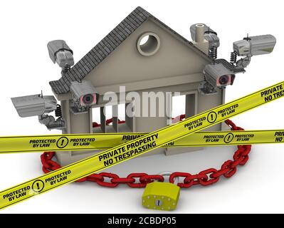 Caméras CCTV, bandes d'avertissement avec texte "PROPRIÉTÉ PRIVÉE. PAS D'INTRUSION. PROTÉGÉ PAR LA LOI", cadenas et symbole de l'immobilier. Illustration 3D Banque D'Images