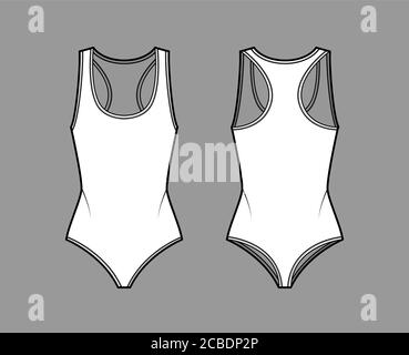 Body en jersey de coton à encolure en U profonde et motif de mode technique. Modèle de vêtement extérieur plat une pièce avant, arrière, couleur blanche. Femmes hommes unisex maillot de bain CAD maquette. Illustration de Vecteur