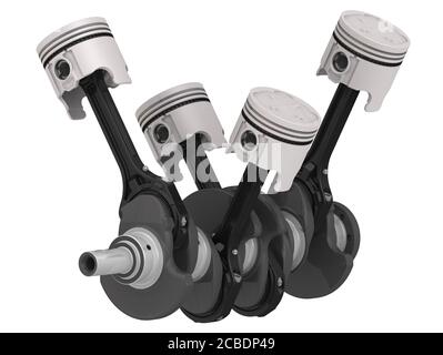 Ensemble pistons et vilebrequin du moteur. Le vilebrequin du moteur à combustion interne avec l'ensemble pistons. Illustration 3D. Isolé Banque D'Images