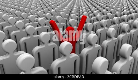 Un de plusieurs. Symboles des gens alignés dans un ordre sur une surface blanche et un rouge avec ses mains soulevées. Illustration 3D Banque D'Images