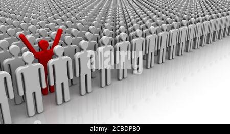 Un de plusieurs. Symboles des gens alignés dans un ordre sur une surface blanche et un rouge avec ses mains soulevées. Illustration 3D Banque D'Images