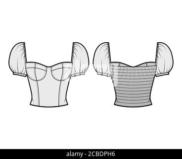 Bijou court corset-style top technique de mode illustration avec épaules bouffantes, tasses moulées, coupe ajustée, dos shirred. Modèle de vêtement plat à l'avant et à l'arrière de couleur grise. Femmes hommes, chemise unisexe Illustration de Vecteur