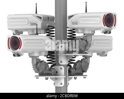 Caméras CCTV sur le montant. Quatre caméras de sécurité modernes montées sur un montant. Illustration 3D. Isolé Banque D'Images