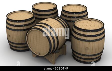 Fûts en bois de différentes tailles sur surface blanche. illustration 3d Banque D'Images