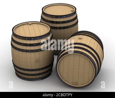 Fûts en bois de différentes tailles sur surface blanche. illustration 3d Banque D'Images