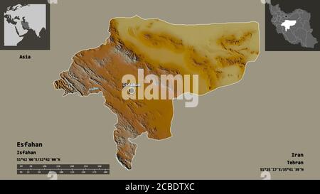 Forme d'Espahan, province d'Iran, et sa capitale. Echelle de distance, aperçus et étiquettes. Carte topographique de relief. Rendu 3D Banque D'Images