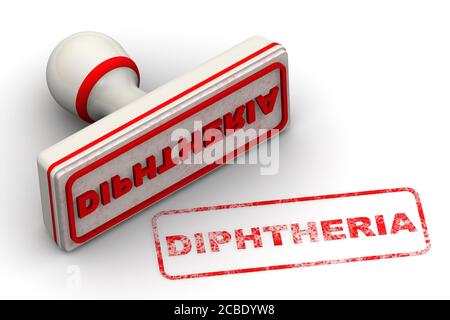 Le phoque blanc et l'empreinte rouge DIPHTÉRIE (est une infection causée par la bactérie Corynebacterium diphtheriae) sur la surface blanche. Illustration 3D Banque D'Images