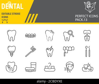 Jeu d'icônes de ligne dentaire, collection de dentisterie, croquis vectoriels, illustrations de logo, icônes d'orthodontie, pictogrammes linéaires de signes cliniques de stomatologie Illustration de Vecteur