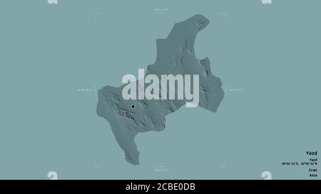 Région de Yazd, province d'Iran, isolée sur un fond solide dans une boîte englobante géoréférencée. Étiquettes. Carte d'altitude en couleur. Rendu 3D Banque D'Images