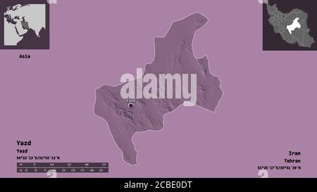 Forme de Yazd, province d'Iran, et sa capitale. Echelle de distance, aperçus et étiquettes. Carte d'altitude en couleur. Rendu 3D Banque D'Images