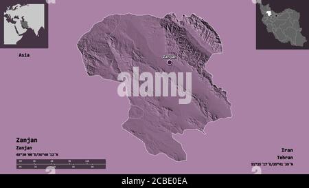 Forme de Zanjan, province d'Iran, et sa capitale. Echelle de distance, aperçus et étiquettes. Carte d'altitude en couleur. Rendu 3D Banque D'Images