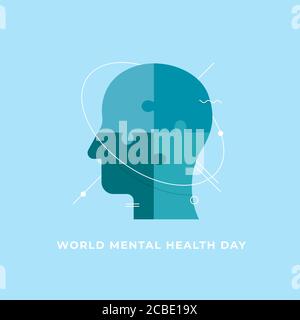 Présentation du concept de la Journée mondiale de la santé mentale. Puzzle à tête humaine avec symbole de ligne de forme géométrique. Illustration moderne à vecteur plat de Illustration de Vecteur