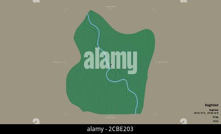 Zone de Bagdad, province d'Irak, isolée sur un fond solide dans une boîte englobante géoréférencée. Étiquettes. Carte topographique de relief. Rendu 3D Banque D'Images