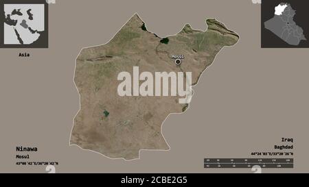 Forme de Ninawa, province d'Irak, et sa capitale. Echelle de distance, aperçus et étiquettes. Imagerie satellite. Rendu 3D Banque D'Images