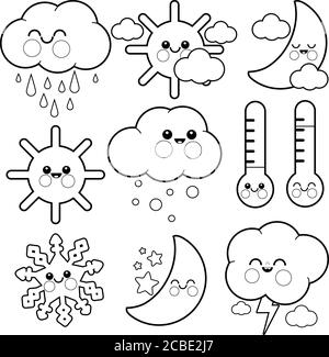 Icônes météo avec de jolis dessins animés. Page de couleur noire et blanche vectorielle Illustration de Vecteur